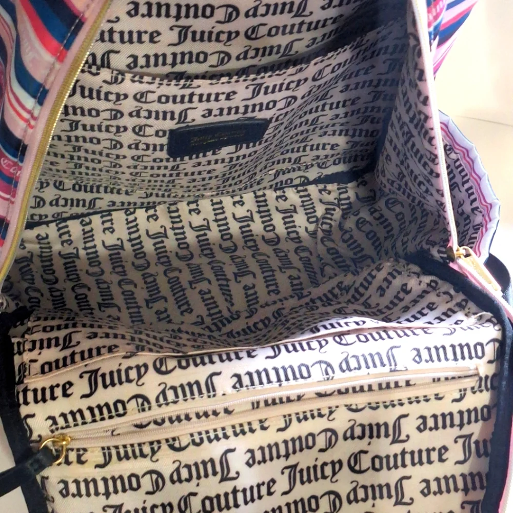 Juicy Couture Wild Heart Striped Full Size Backpack Gold Hardware Goth Text EUC
